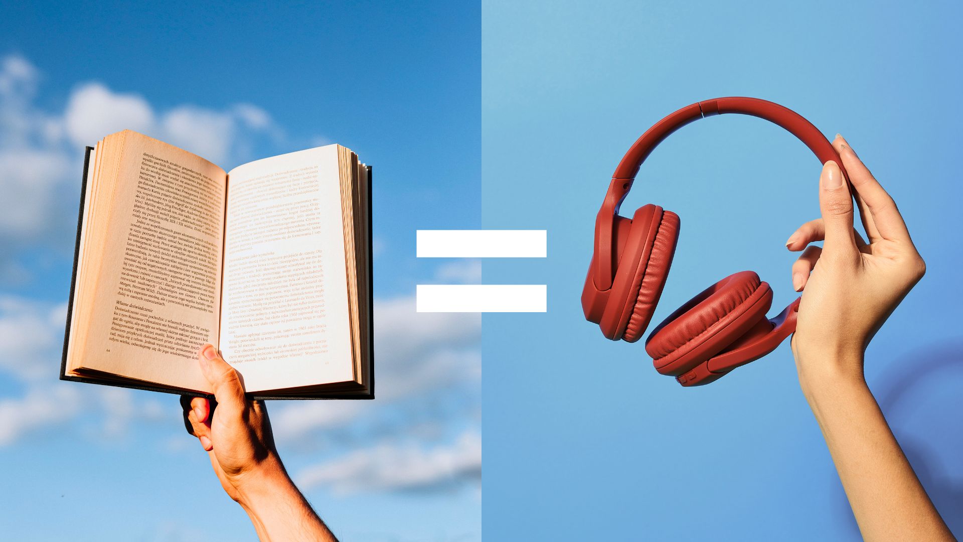 Book and headphones being held in the air